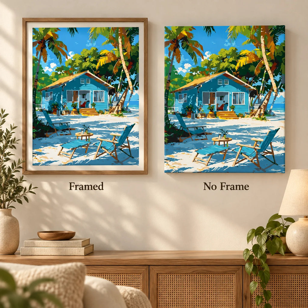 Sunlit Beachside Haven diamond painting shown framed and unframed