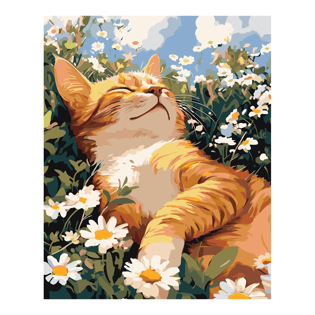 Original artwork for Sunlit Cat Among Daisies Diamond Painting Kit