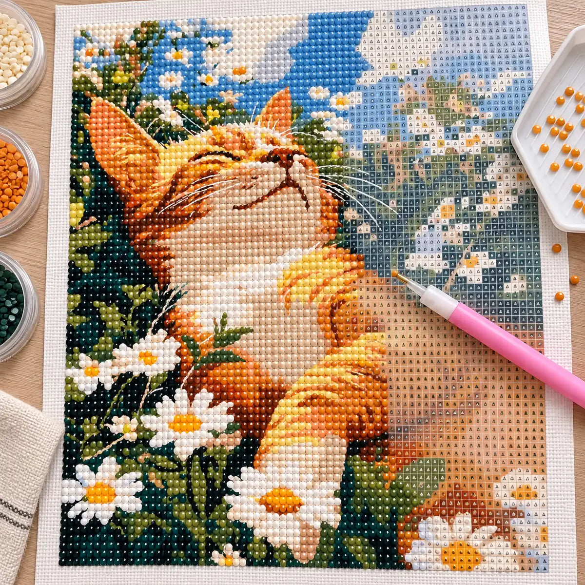 Diamond painting process for Sunlit Cat Among Daisies Diamond Painting Kit