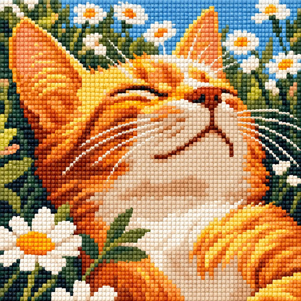 Diamond detail for Sunlit Cat Among Daisies Diamond Painting Kit