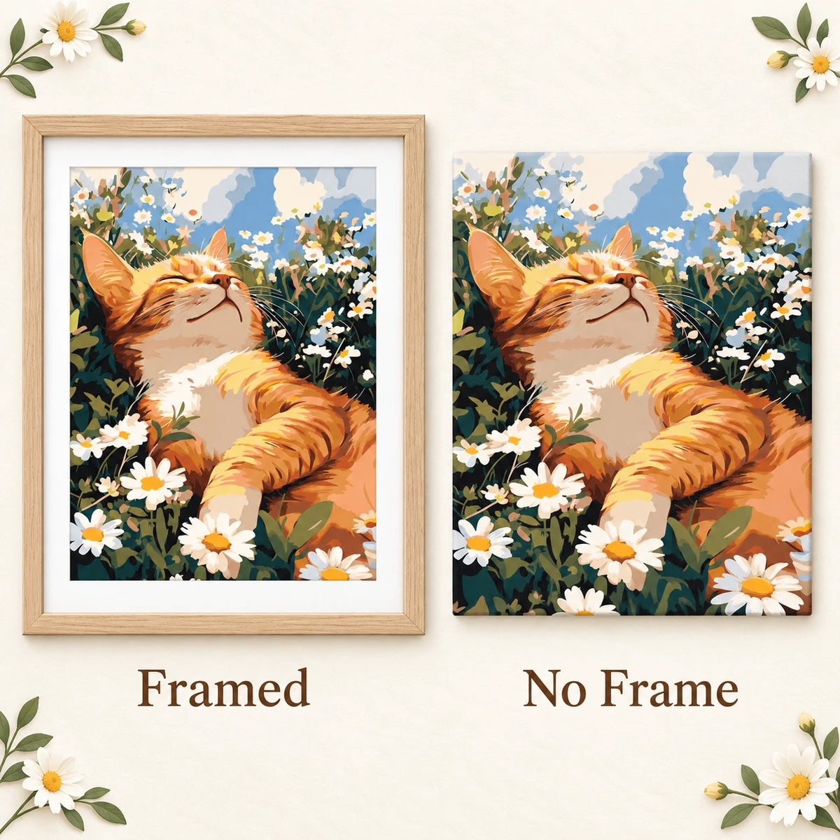 Framed and no-frame comparison for Sunlit Cat Among Daisies Diamond Painting Kit