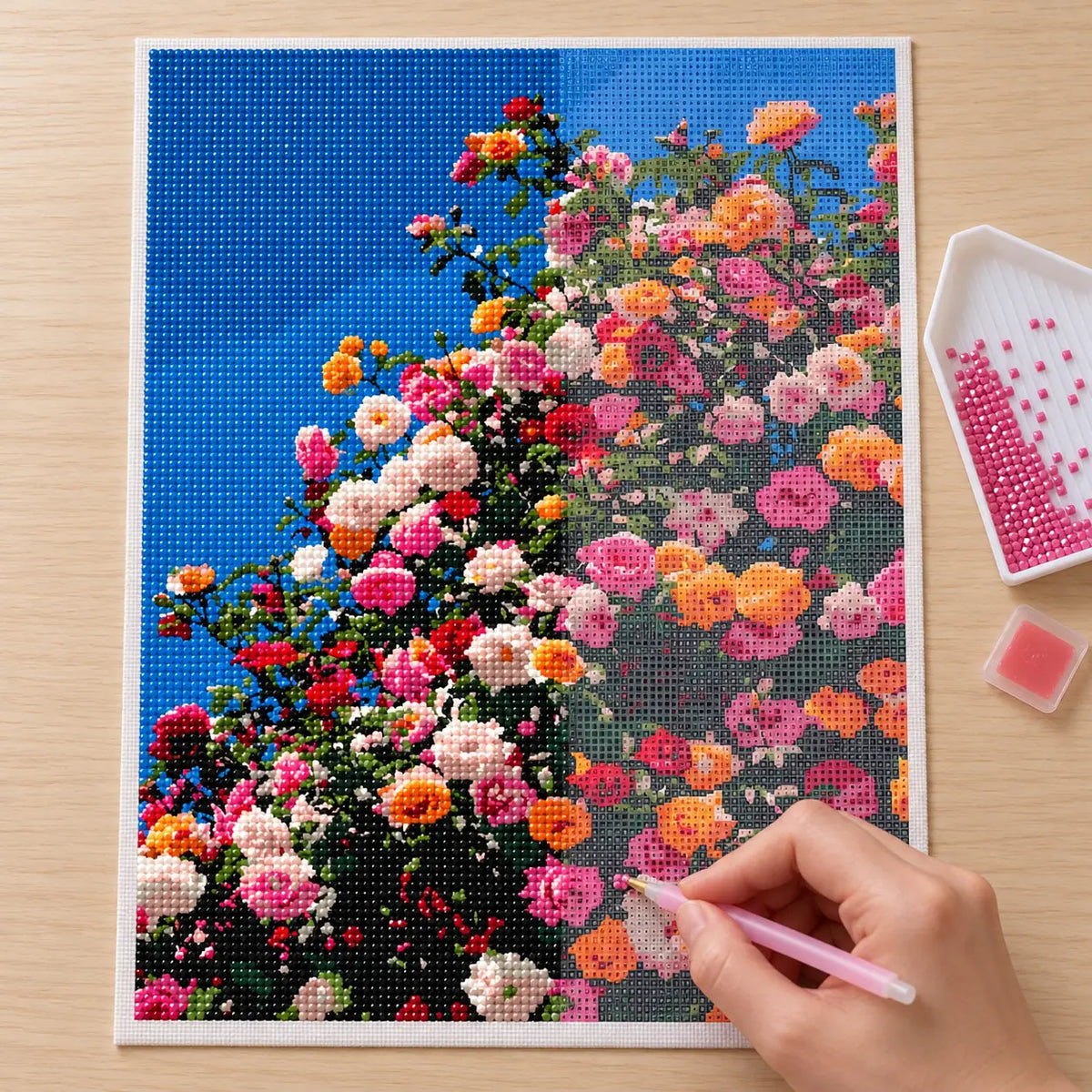 Diamond painting process for Sunlit Rose Canopy
