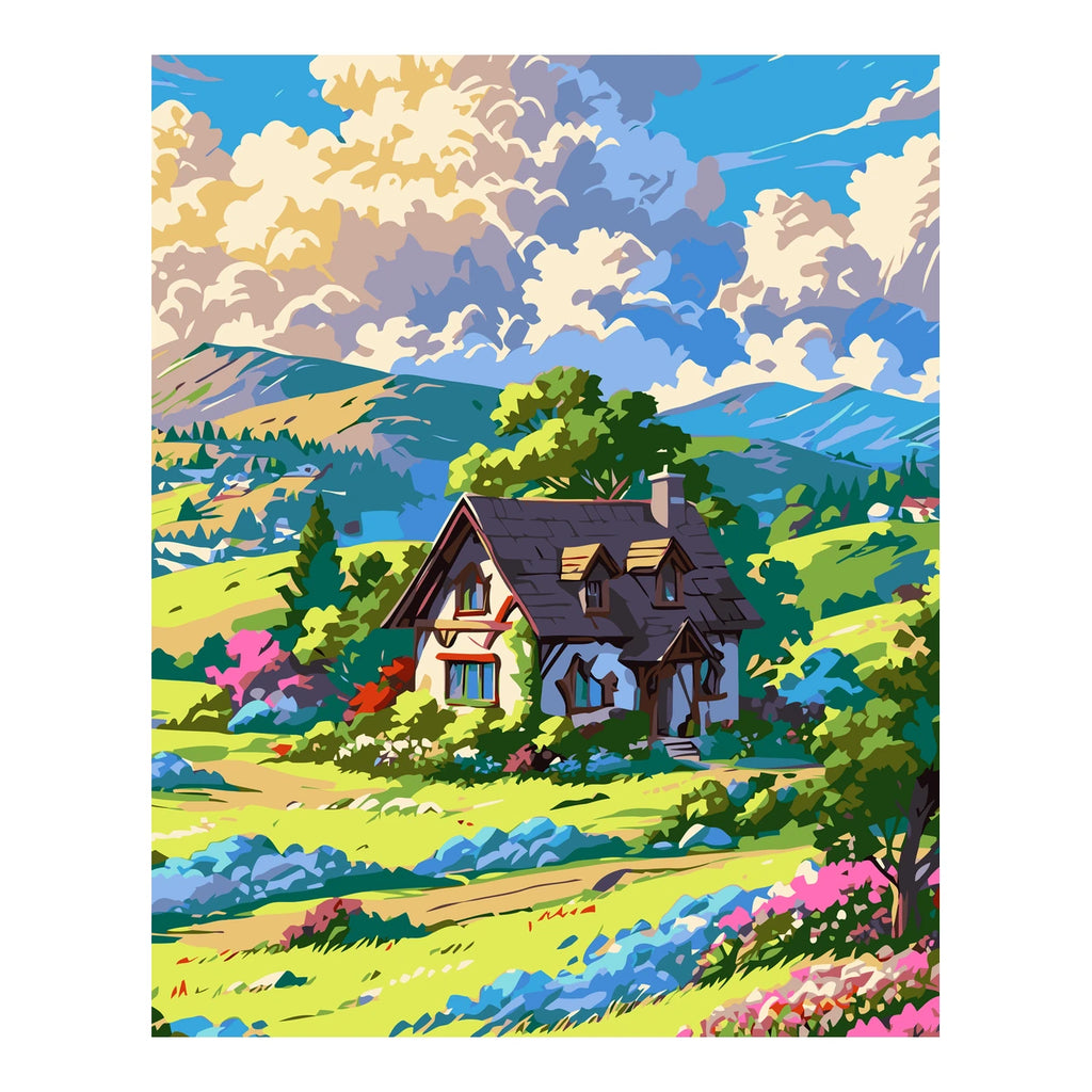 Original landscape artwork for Sunlit Cottage In Bloom Diamond Painting Kit