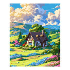 Original landscape artwork for Sunlit Cottage In Bloom Diamond Painting Kit