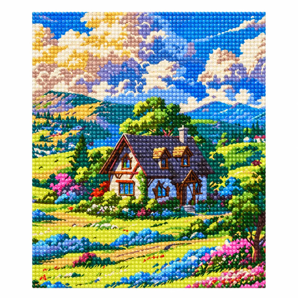 Finished diamond painting of Sunlit Cottage In Bloom with sparkling drills