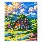 Finished diamond painting of Sunlit Cottage In Bloom with sparkling drills