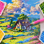 Diamond painting process for Sunlit Cottage In Bloom