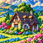 Close-up drill detail of the Sunlit Cottage In Bloom diamond painting