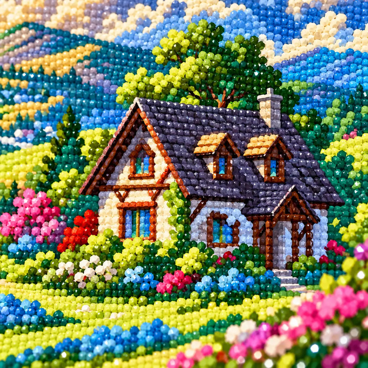 Close-up drill detail of the Sunlit Cottage In Bloom diamond painting