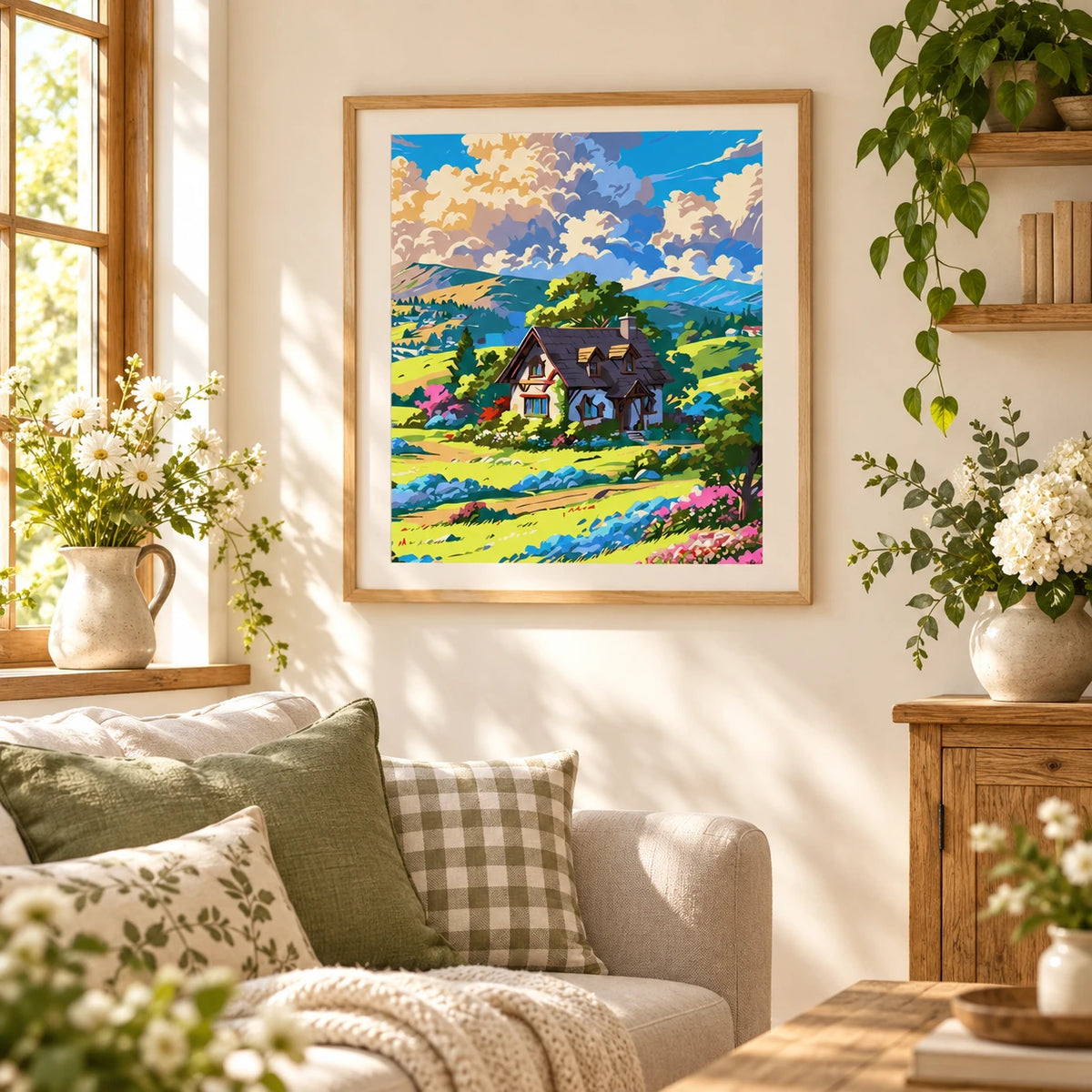 Sunlit Cottage In Bloom diamond painting displayed as home decor