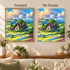 Sunlit Cottage In Bloom diamond painting shown framed and unframed