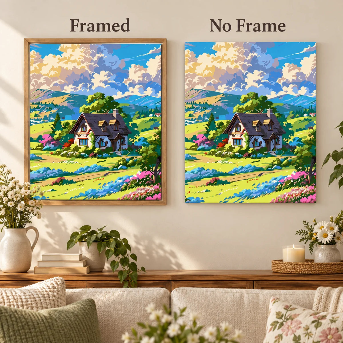 Sunlit Cottage In Bloom diamond painting shown framed and unframed