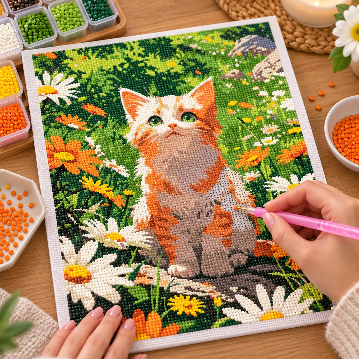 Diamond painting process for Sunlit Curious Cat Diamond Painting Kit