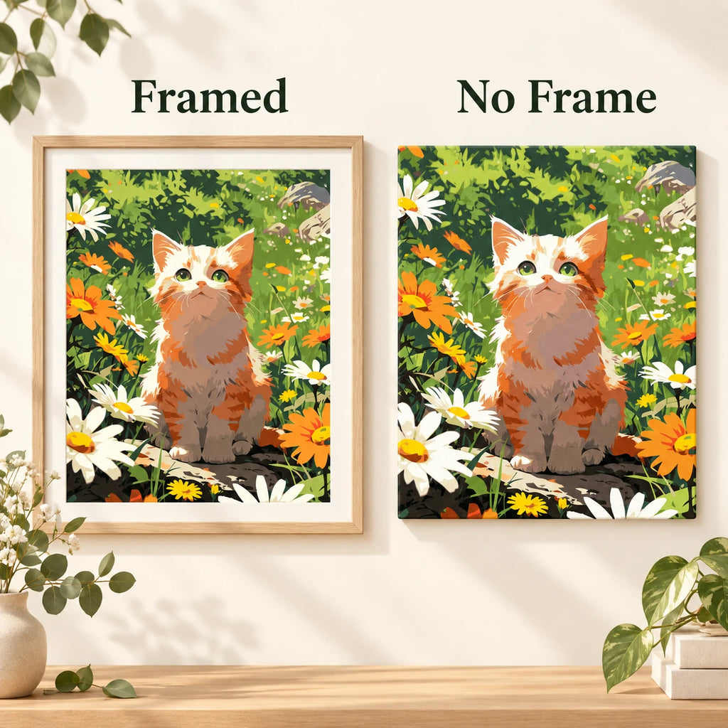 Framed and no-frame comparison for Sunlit Curious Cat Diamond Painting Kit