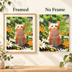 Framed and no-frame comparison for Sunlit Curious Cat Diamond Painting Kit