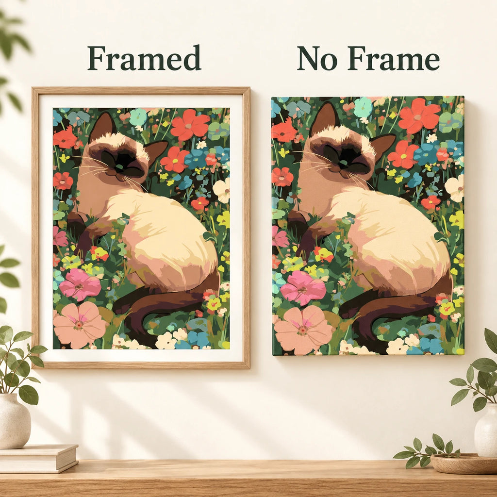 Framed and no-frame comparison for Sunlit Garden Slumber Diamond Painting Kit
