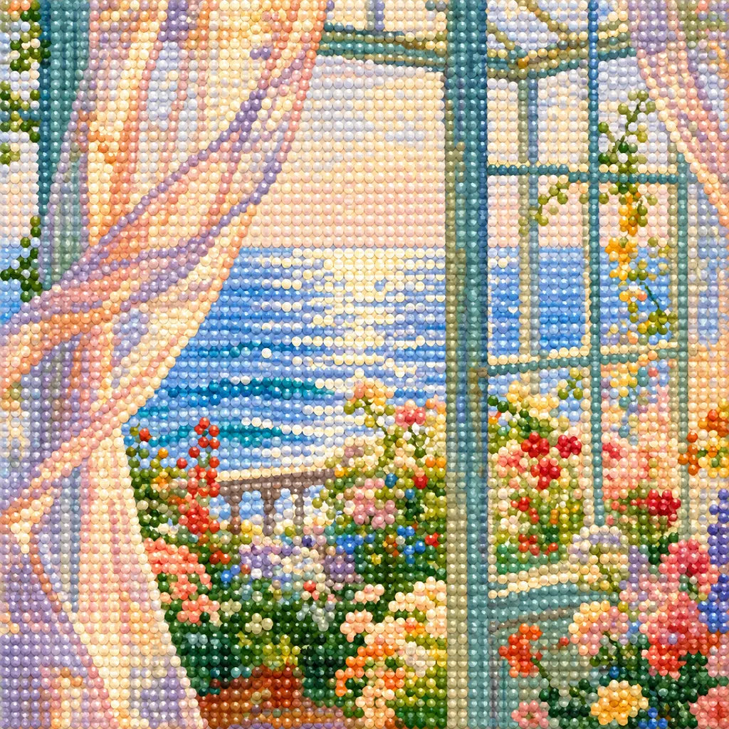 close-up of diamonds on a sunlit glass door ocean garden — detail image, diamond painting kit