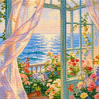 close-up of diamonds on a sunlit glass door ocean garden — detail image, diamond painting kit