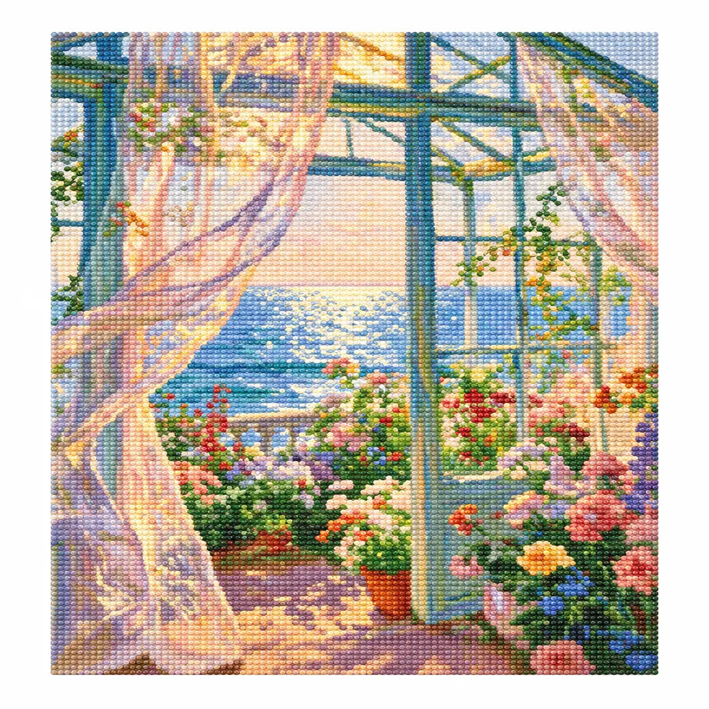 Sunlit Glass Door Ocean Garden — finished image, diamond painting kit