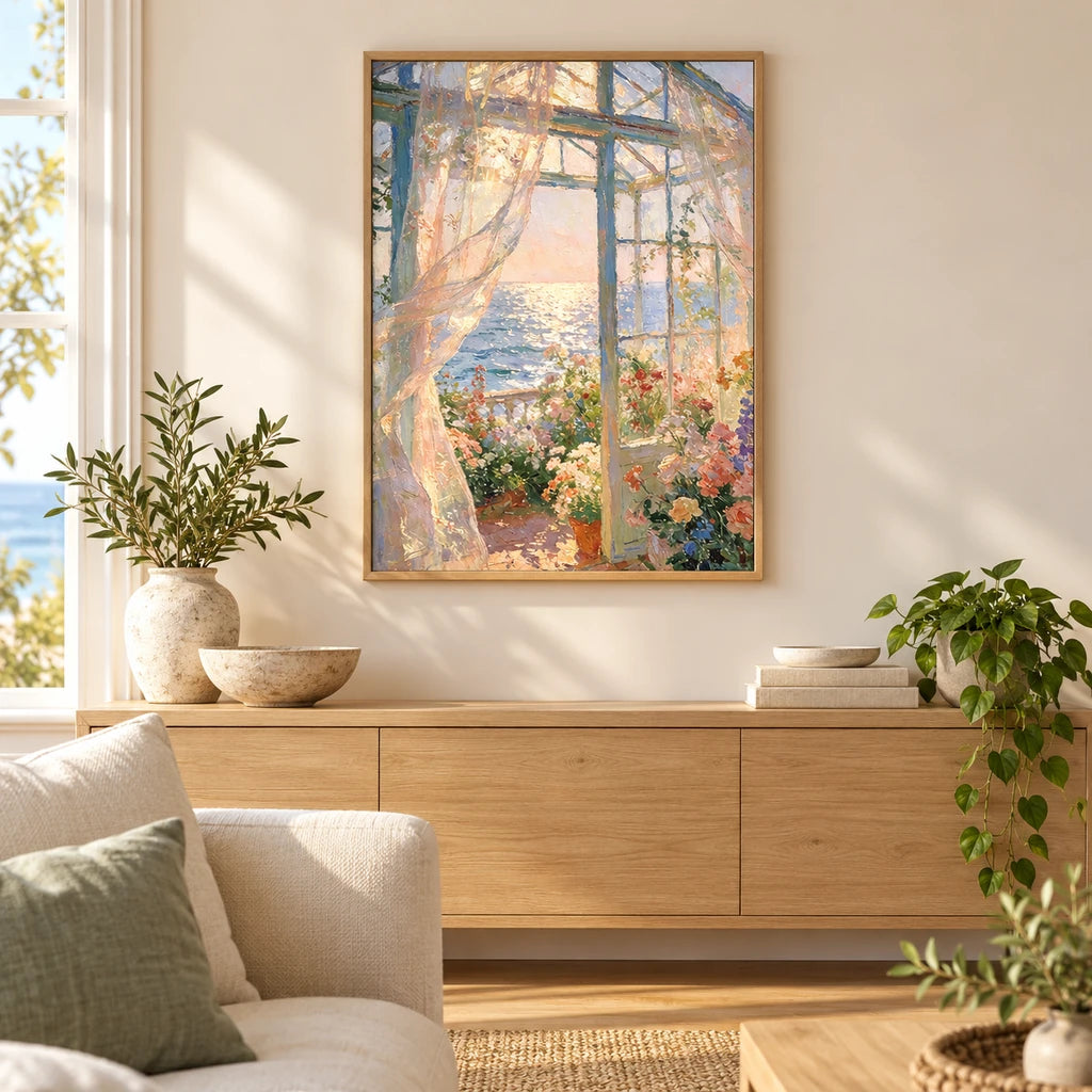 glass door ocean garden diamond painting displayed in a home — scene image, diamond painting kit