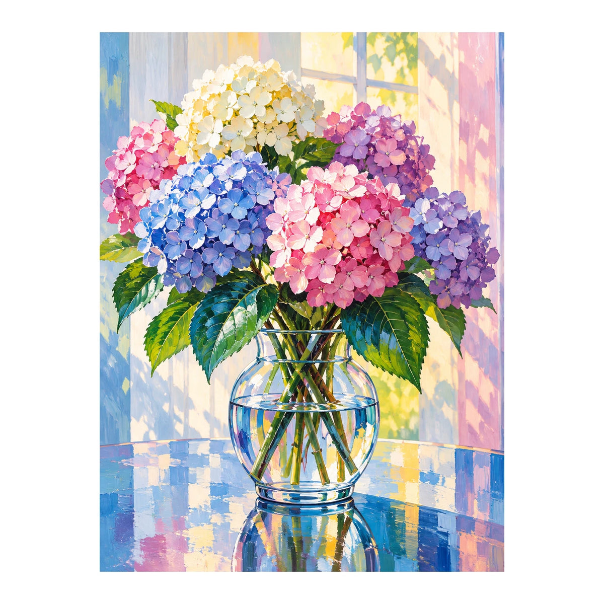 Original artwork showing sunlit hydrangea harmony.