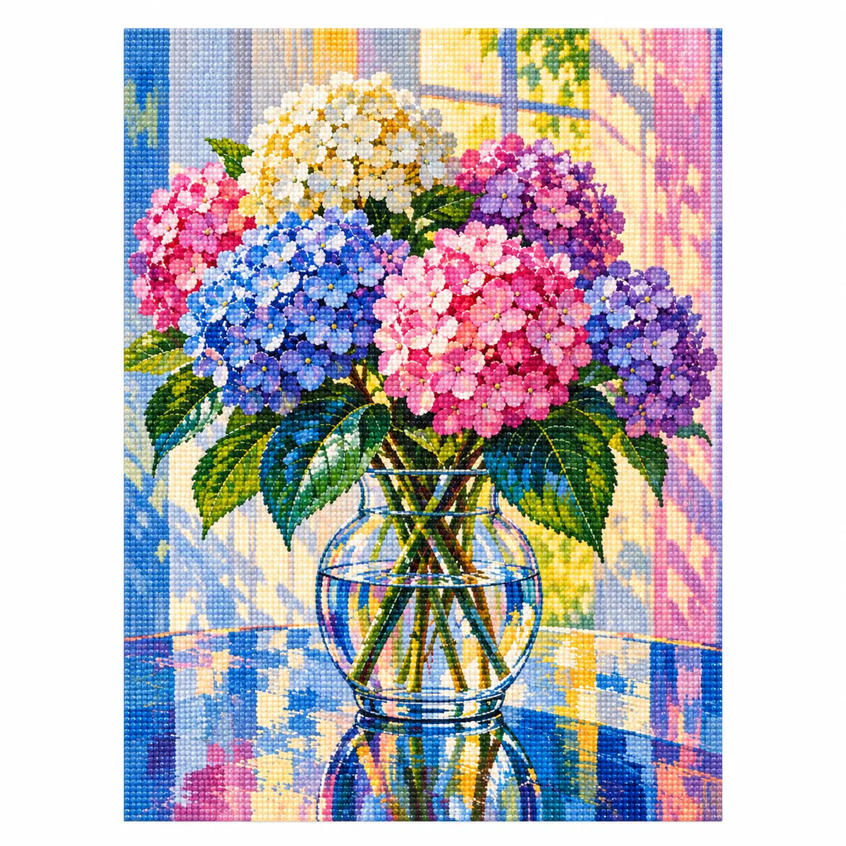 Finished diamond painting of sunlit hydrangea harmony.
