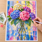 Diamond painting process for sunlit hydrangea harmony.
