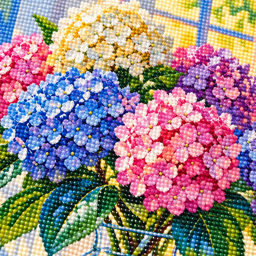 Close-up of diamond drill details in sunlit hydrangea harmony.