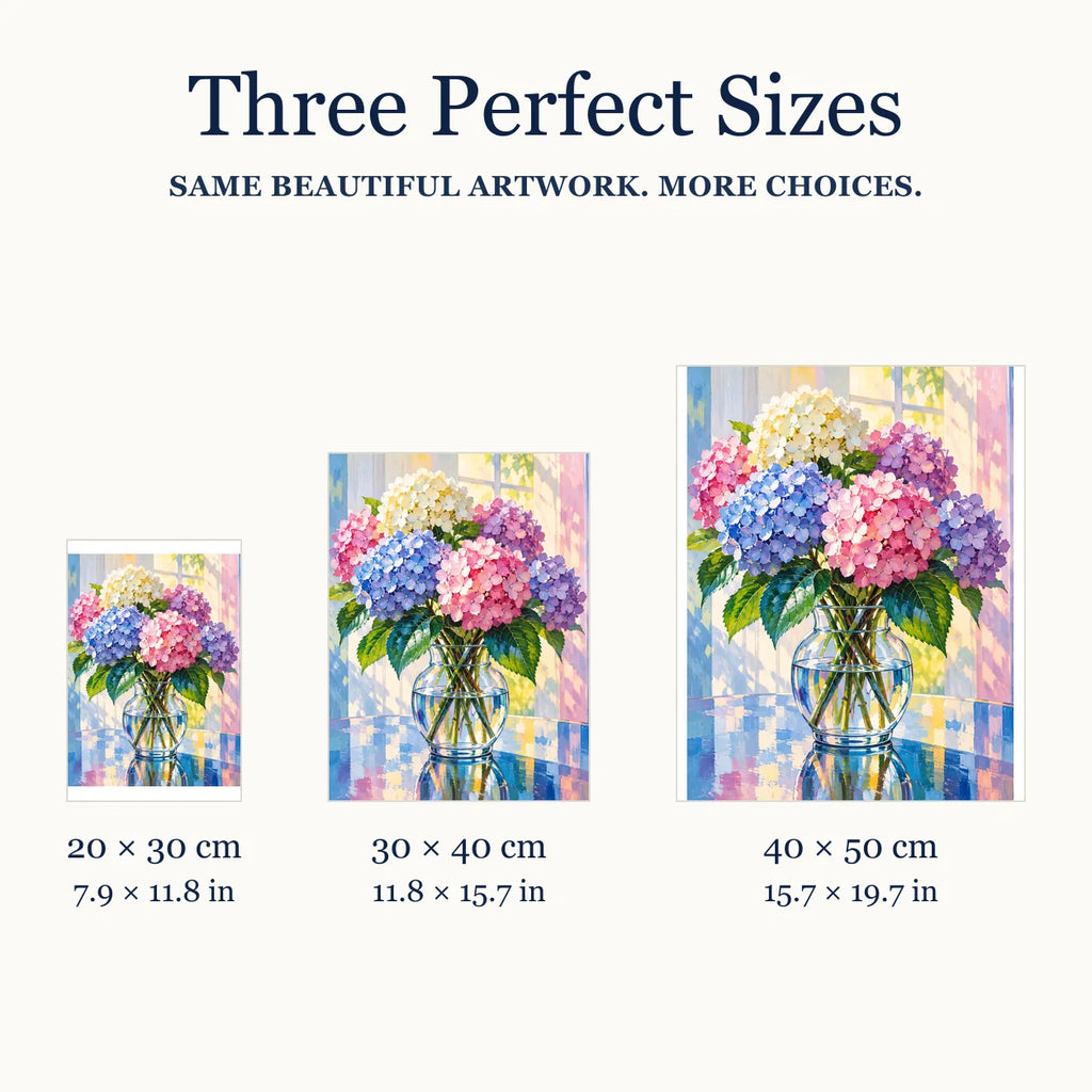 Size guide for Sunlit Hydrangea Harmony Diamond Painting Kit: 20 × 30 cm, 30 × 40 cm, and 40 × 50 cm.