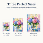 Size guide for Sunlit Hydrangea Harmony Diamond Painting Kit: 20 × 30 cm, 30 × 40 cm, and 40 × 50 cm.