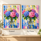 Framed and no-frame comparison for Sunlit Hydrangea Harmony Diamond Painting Kit.