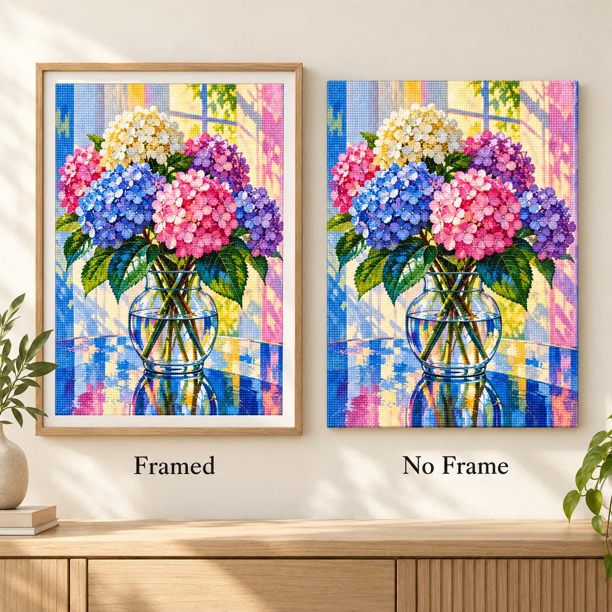 Framed and no-frame comparison for Sunlit Hydrangea Harmony Diamond Painting Kit.