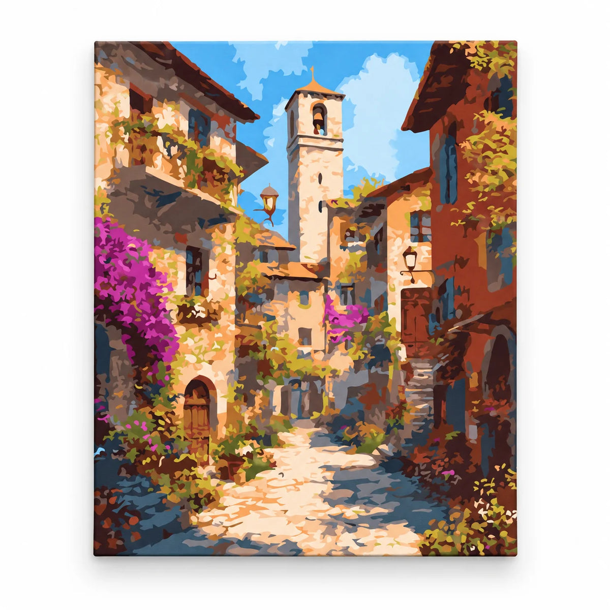 Sunlit Italian Village Lane paint by numbers artwork on a front-facing canvas against a white background