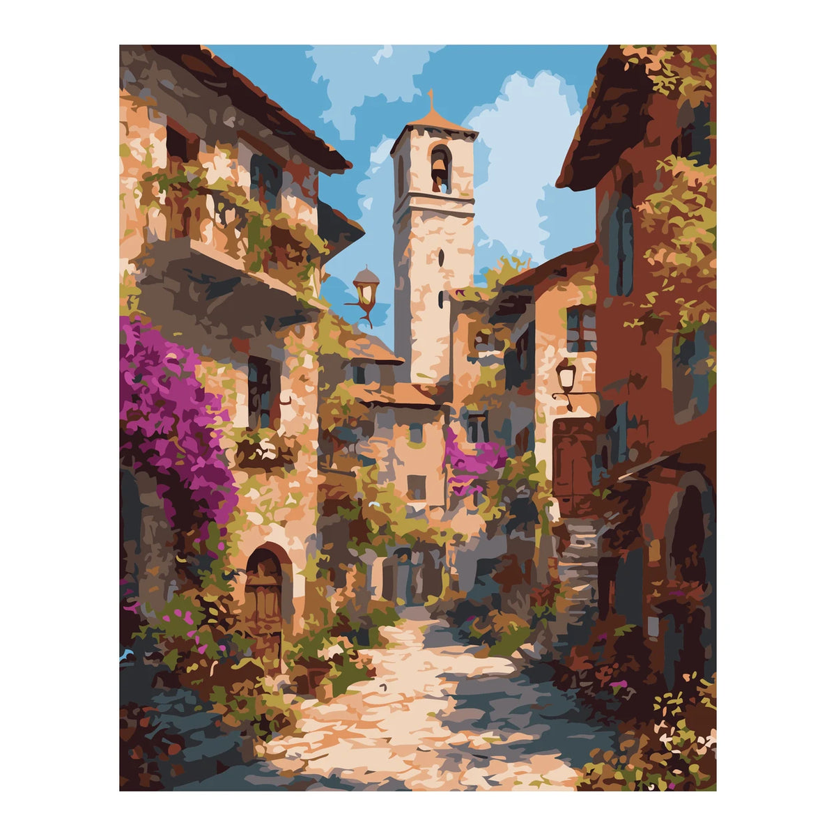 Sunlit Italian Village Lane completed artwork on a clean white background