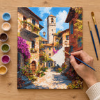 Complete Sunlit Italian Village Lane numbered canvas being painted with acrylic paints and brushes