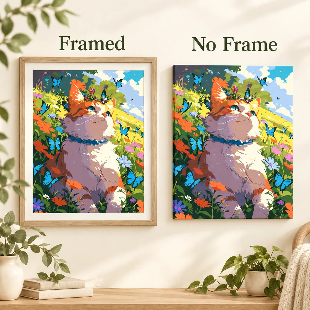 Framed and no-frame comparison for Sunlit Meadow Guardian Diamond Painting Kit
