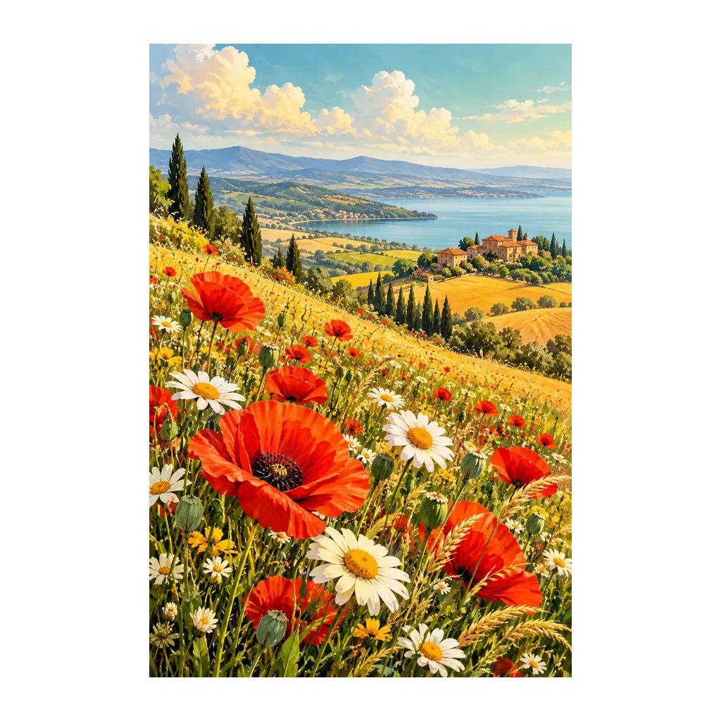 Original artwork of red poppies across sunlit rolling hills and a distant valley.
