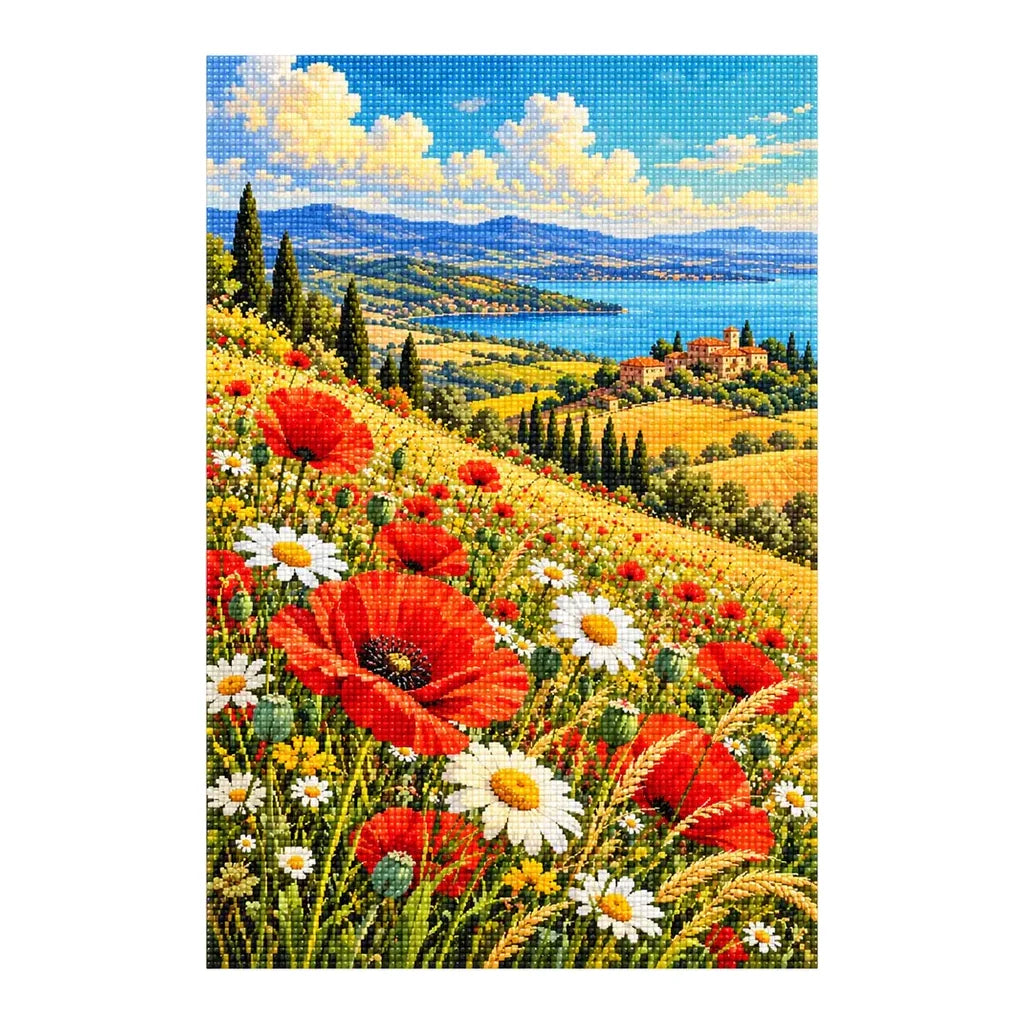 Finished diamond painting of poppy-covered hills on a white background.