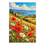 Finished diamond painting of poppy-covered hills on a white background.