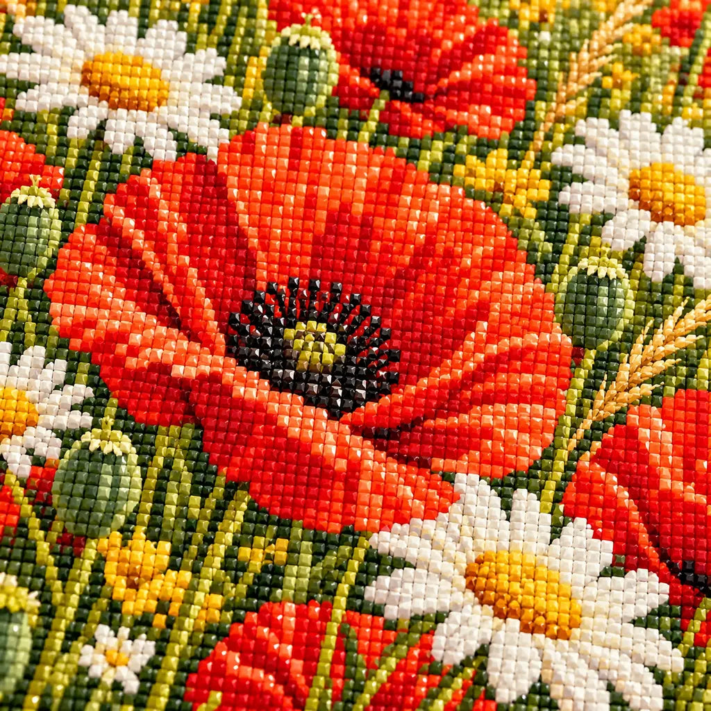 Close-up detail of red and white flower drills in the poppy hillside.