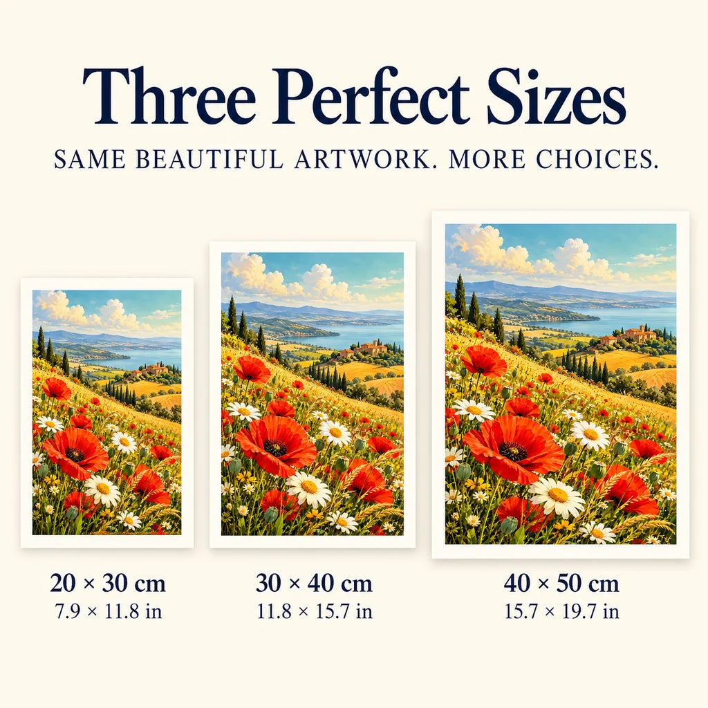 Three available sizes for the sunlit poppy hills design: 20 × 30, 30 × 40 and 40 × 50 cm.