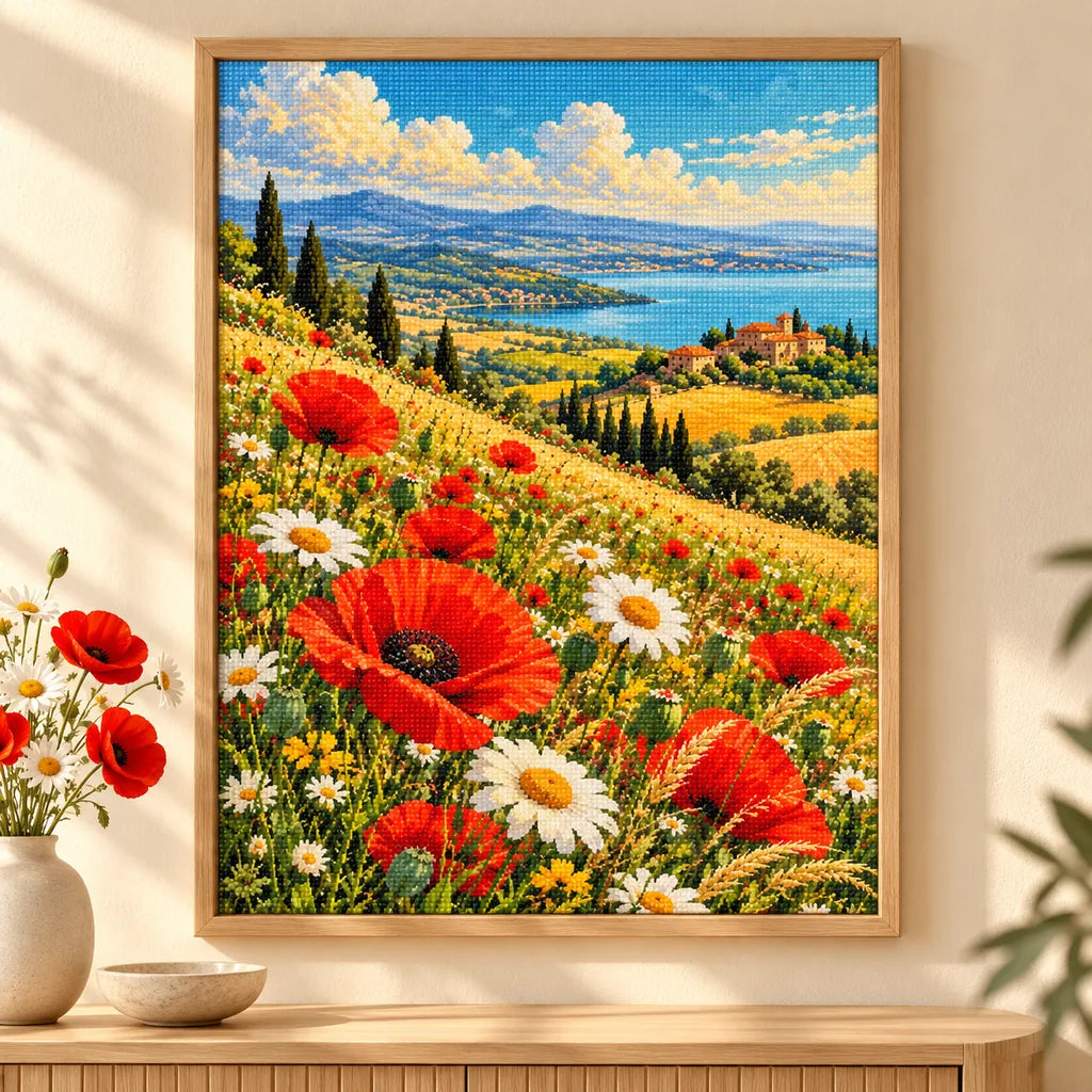 Home decor scene featuring the sunlit poppy hills diamond painting in a framed display.