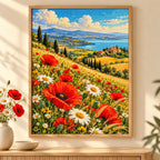 Home decor scene featuring the sunlit poppy hills diamond painting in a framed display.
