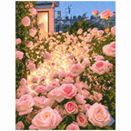 White-background finished diamond painting of Sunlit Rose Terrace