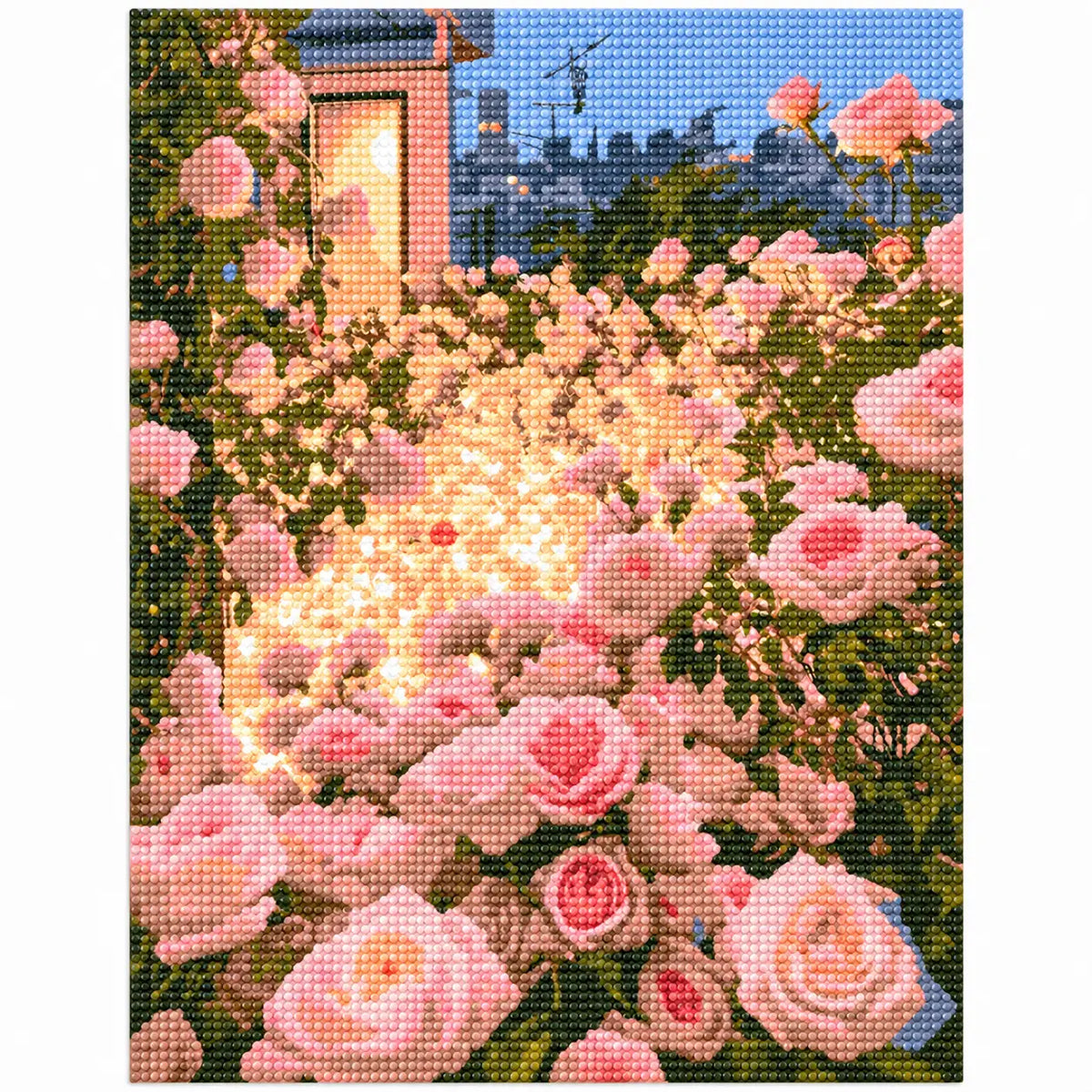 White-background finished diamond painting of Sunlit Rose Terrace