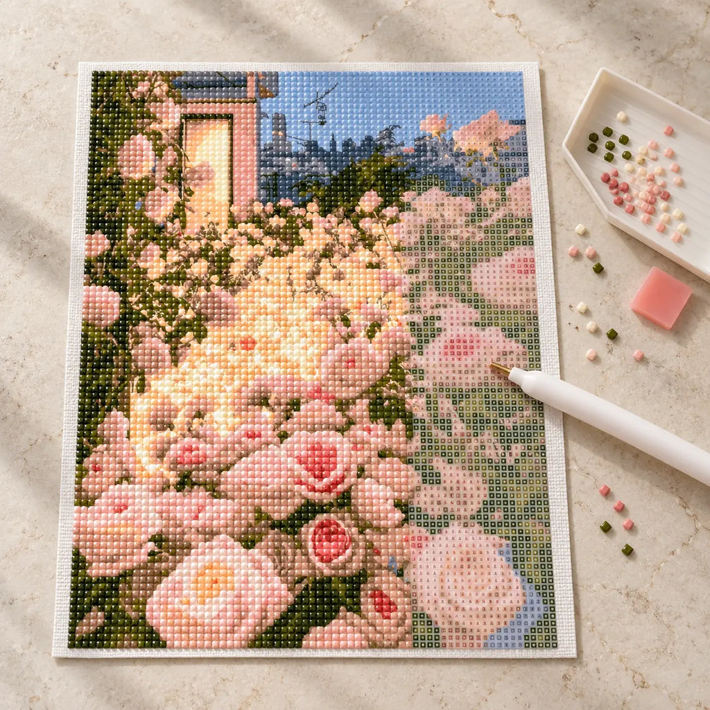 Diamond painting process for Sunlit Rose Terrace