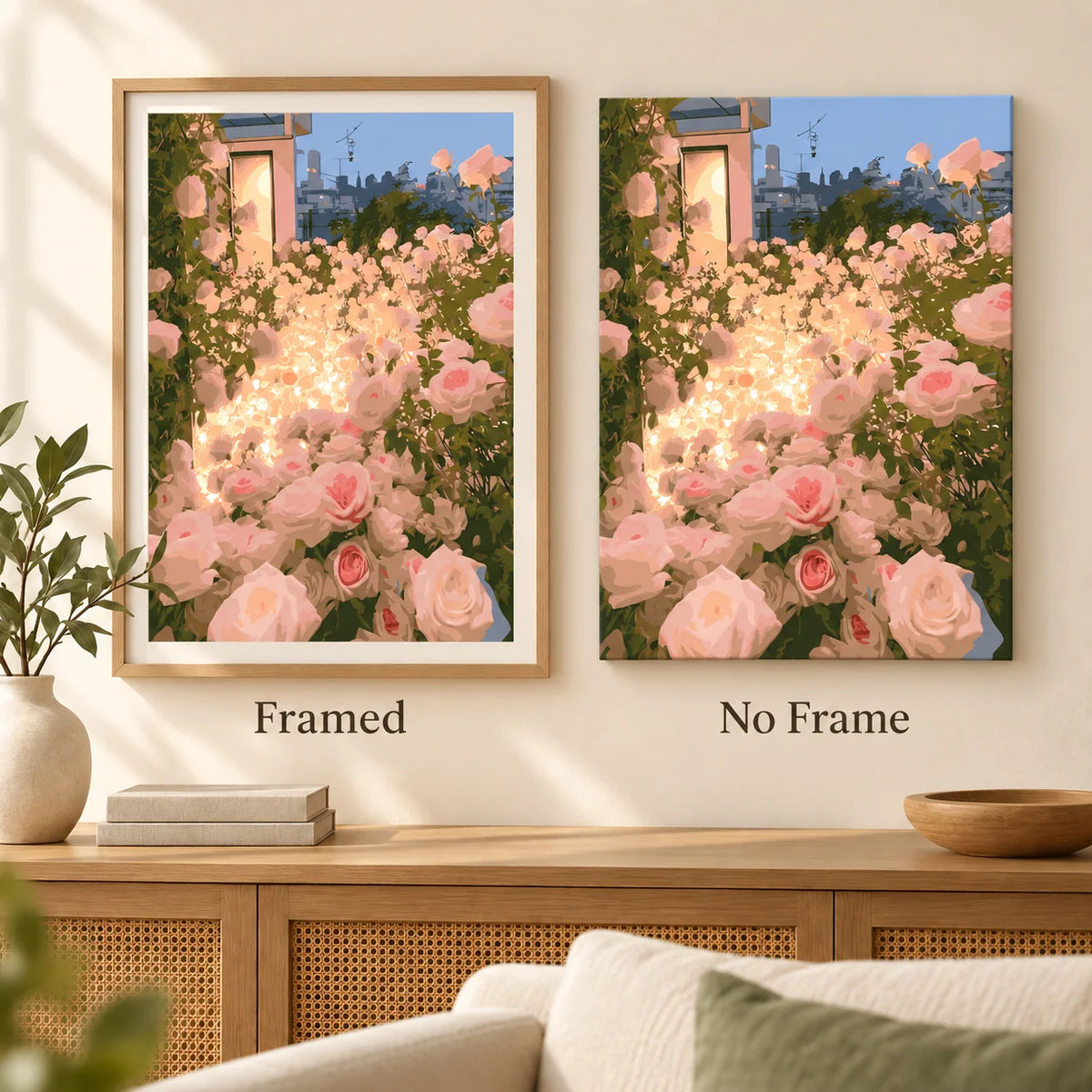 Framed and no-frame comparison for Sunlit Rose Terrace