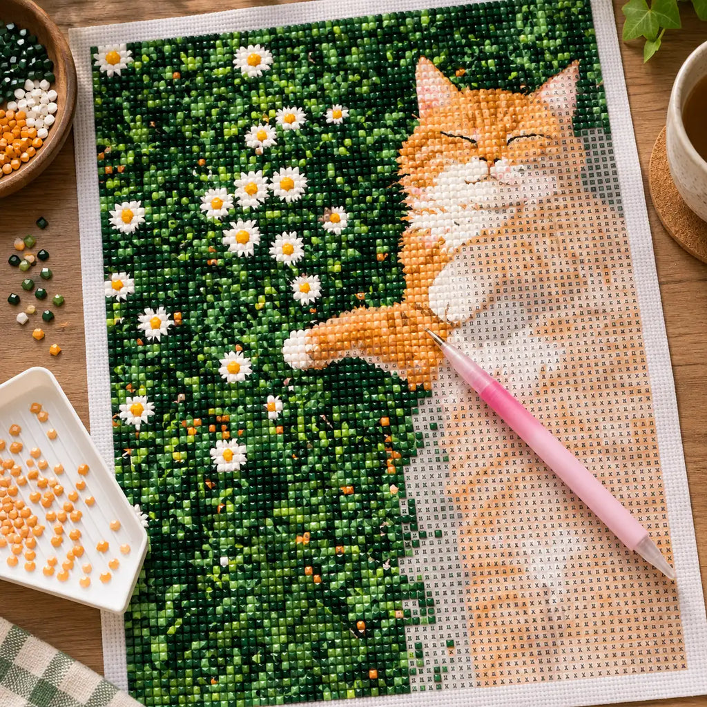 Diamond painting process for Sunlit Slumber Among Daisies Diamond Painting Kit