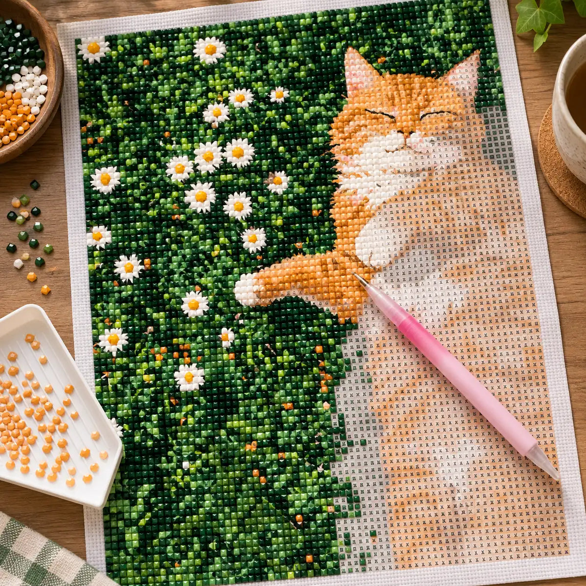 Diamond painting process for Sunlit Slumber Among Daisies Diamond Painting Kit