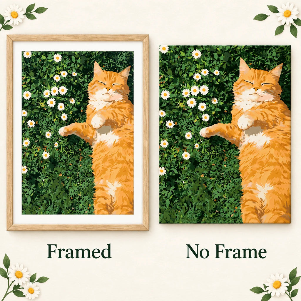 Framed and no-frame comparison for Sunlit Slumber Among Daisies Diamond Painting Kit